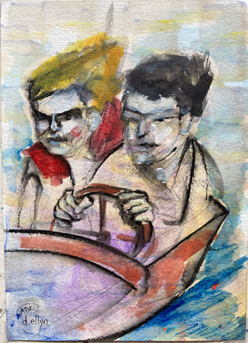 Get in We're Going to Hudson, watercolor on paper by Dana Ellyn, two figures in a small boat on the water, 5x7 inches