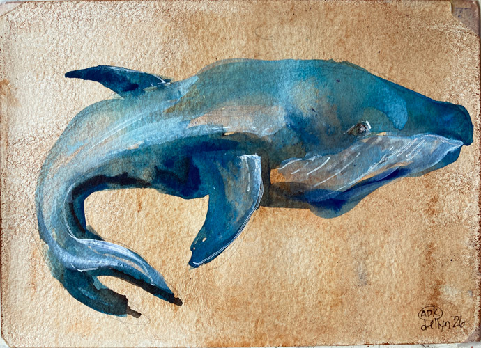 Hudson Whale, watercolor on paper by Dana Ellyn, a blue whale curving gracefully against a warm ochre background, 7x5 inches