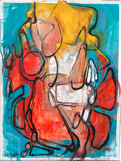 Joy Ride, abstract oil painting by Dana Ellyn, bold black gestural lines over turquoise, red-orange, and yellow, 18x24 inches