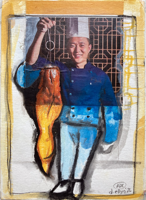 Hudson Valley Peking, mixed media on paper by Dana Ellyn, a chef in a blue coat proudly holding up a golden roasted duck, 5x7 inches