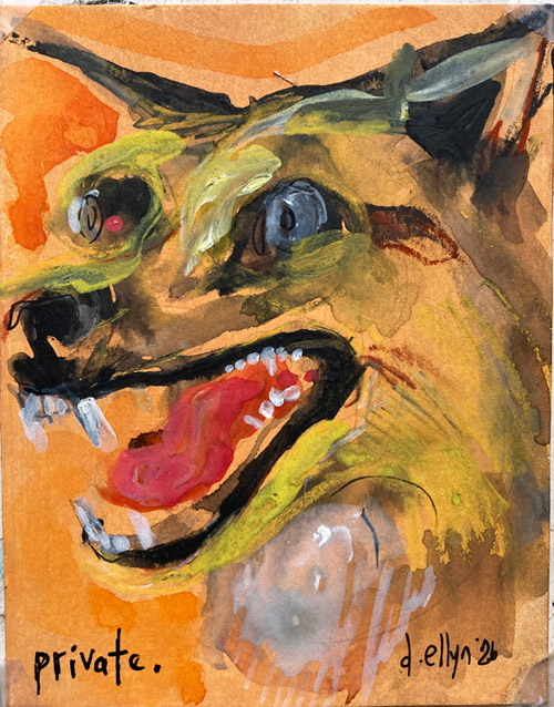 Private Space, watercolor on paper by Dana Ellyn, an expressive close-up of a snarling animal face in yellows and oranges, 4x5 inches