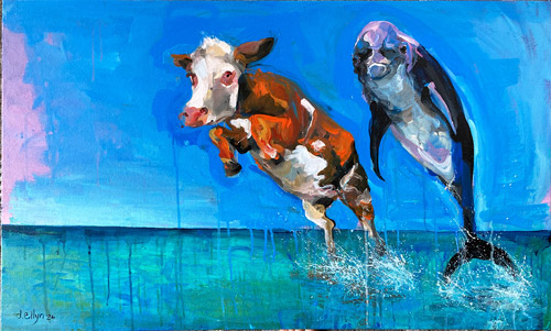 Saltwater Prairie, acrylic painting by Dana Ellyn, cow and dolphin leaping side by side from turquoise water against a vivid blue background, 23x38 inches