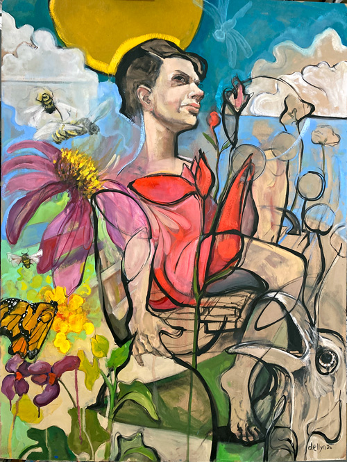 Second Nature, oil painting by Dana Ellyn, haloed figure amid flowers bees and butterfly beside linear schematic forms, 30x40 inches