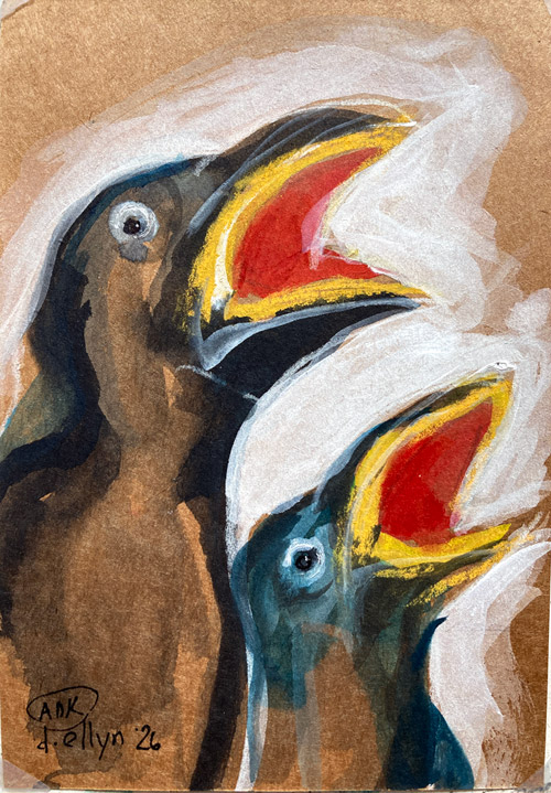 Social Type, watercolor on paper by Dana Ellyn, two baby birds with wide open beaks calling out, 4.5x6.5 inches