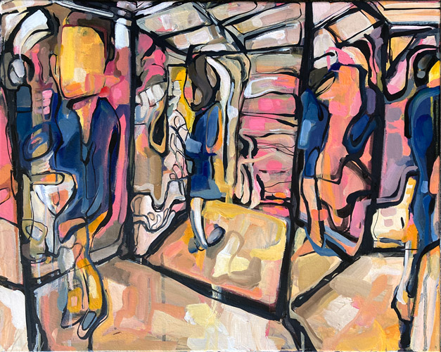 Three Way, oil painting by Dana Ellyn, figure fragmented across three mirror panels in pink blue and gold with bold black linework, 16x20 inches
