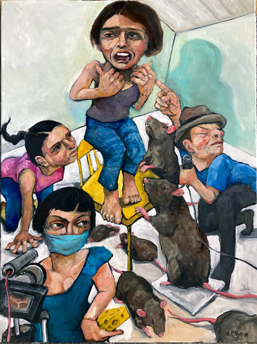 Viral News, oil painting by Dana Ellyn, terrified woman on chair surrounded by rats and crouching reporters, 30x40 inches