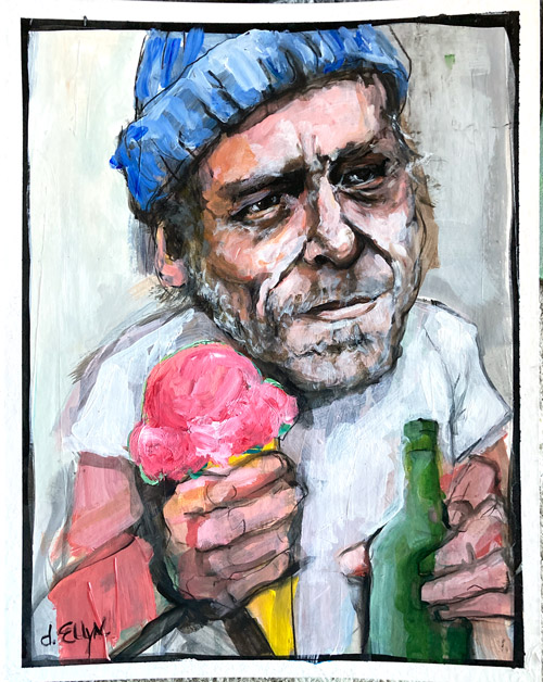 Icecream People, acrylic painting by Dana Ellyn, Charles Bukowski double fisted with ice cream and beer.