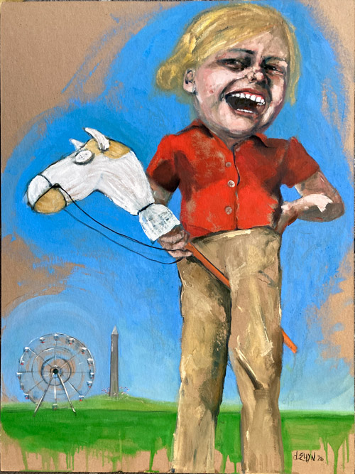 Best Day Ever, oil painting by Dana Ellyn, a giant grinning child gripping a toy stick horse, 30x40 inches