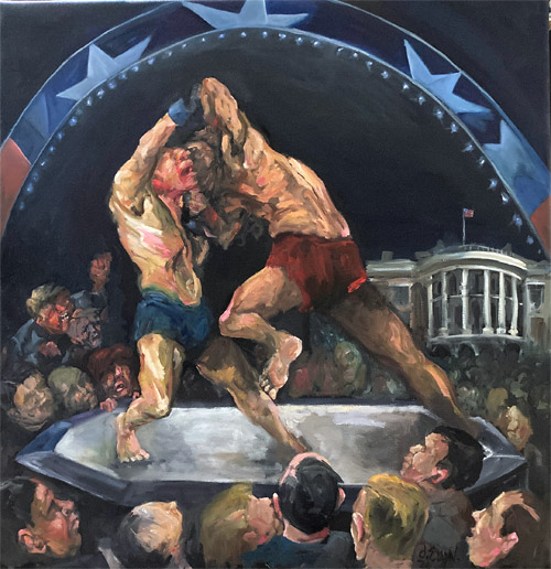 Fight Night (at the White House), oil painting by Dana Ellyn, two bare-foot UFC fighters grappling beneath a patriotic arch, the floodlit White House standing silent witness, 30x30 inches