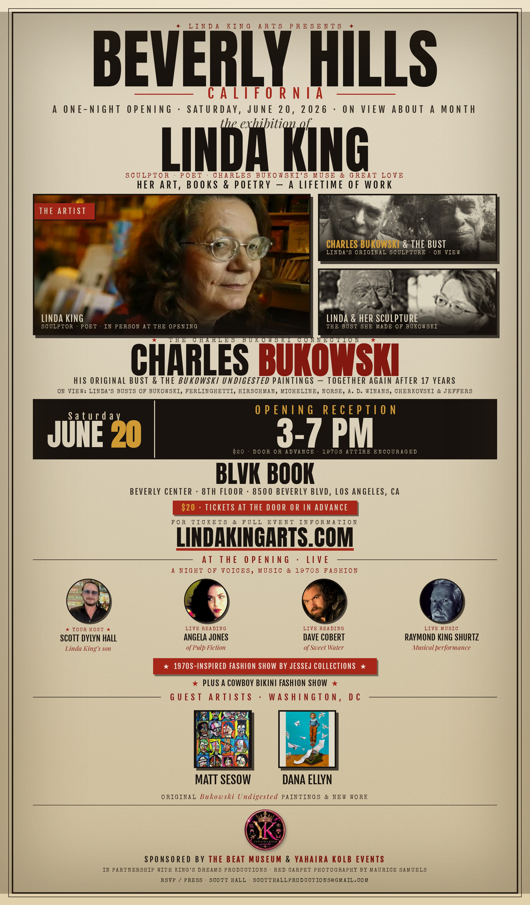 Event flier for the Linda King Beverly Hills exhibition on June 20, 2026, at BLVK Book, Los Angeles