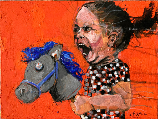 Jockeying for Position, acrylic painting by Dana Ellyn, a young girl riding a toy hobby horse screams with excitement or horror, the scene on a bright orange background.