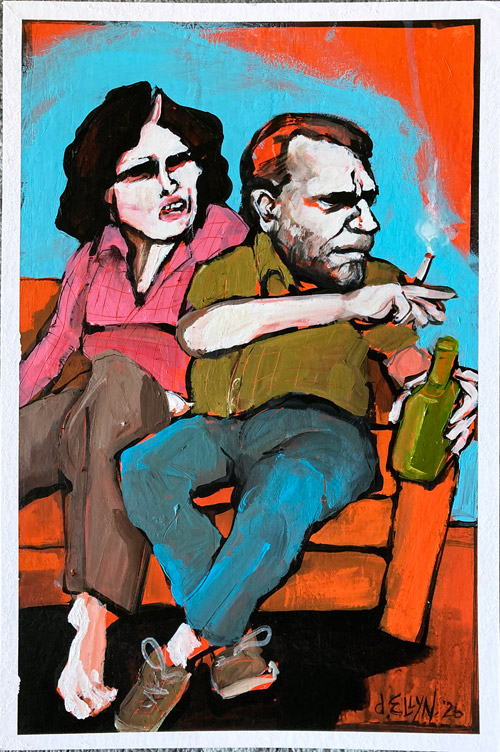 Love Seat, acrylic painting by Dana Ellyn, a couple sitting on couch enjoying drink and smoking, the scene on a bright orange background.
