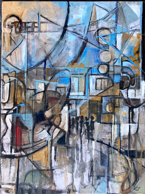 Midway, oil on canvas by Dana Ellyn, abstract blue and ochre Coney Island composition with silhouetted figures, 30x40