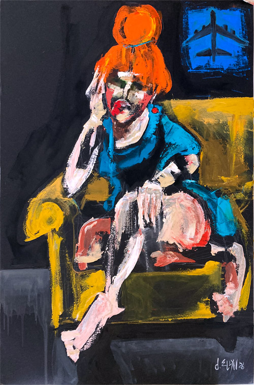 Namesake, oil painting by Dana Ellyn, seated woman with a tall orange beehive beneath a B-52 in a blue window, 28x40 inches