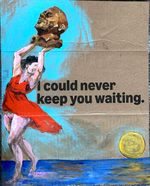 Over His Head, acrylic painting by Dana Ellyn, a woman dancing with sculpture of Charles Bukowski held overhead.
