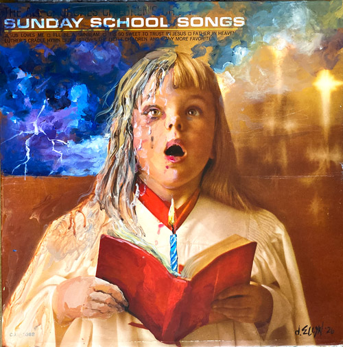 Sunday Song, acrylic painting by Dana Ellyn — a Sunday School choir child soaked by the storm she sings down over a single lit birthday candle, 12 × 12 in