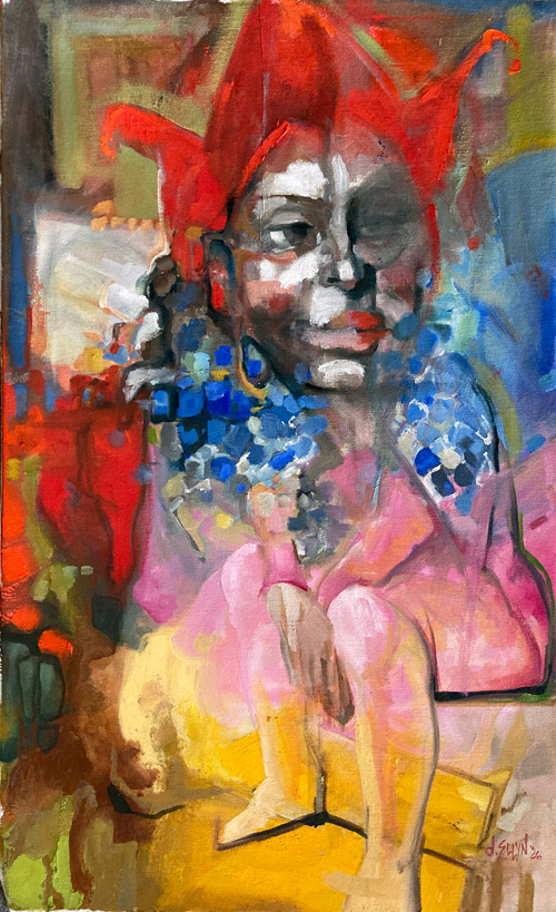 Ecce Homo, oil on canvas by Dana Ellyn. Jester in red cap with half-lit face, seated in pink and yellow. 17 x 27 inches.