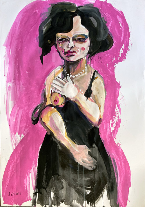 A woman with dark bobbed hair in a black dress against a hot pink background, one hand raised to her chest.