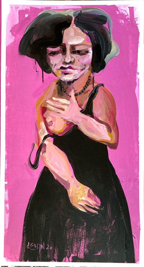 A woman with dark bobbed hair in a black dress against a hot pink background, one hand raised to her chest.