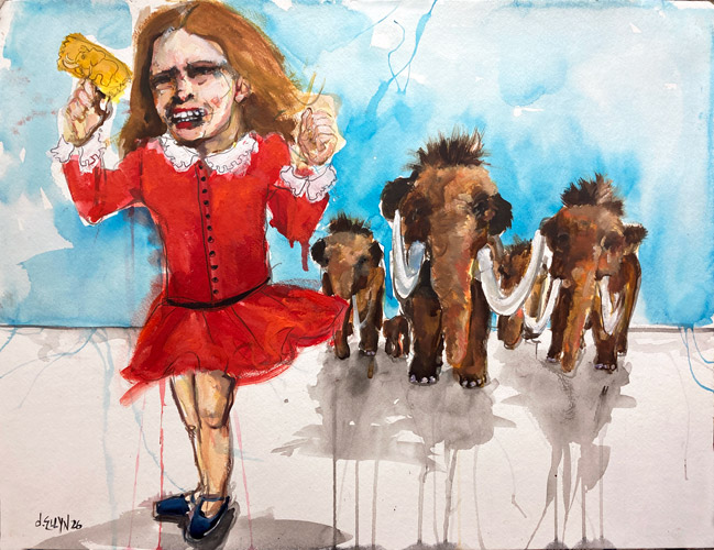 I Want It Now, oil painting by Dana Ellyn, girl in red dress holds golden ticket, herd of woolly mammoths follows, 18x24 inches