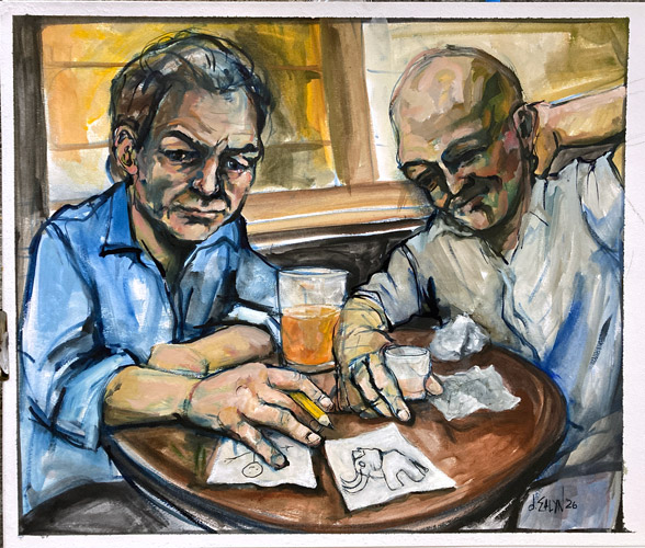 Origin Story, oil painting by Dana Ellyn, two men at a bar table sketching a crude mammoth on a napkin, 22x26 inches