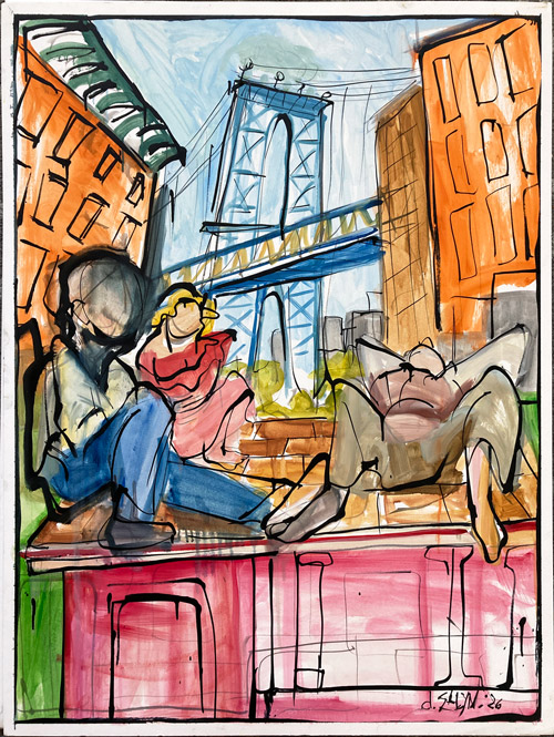 The Pink Palace, oil on illustration board painting by Dana Ellyn, three figures sprawled on a Brooklyn rooftop with the Manhattan Bridge rising in the background, 30 in. x 40 in.