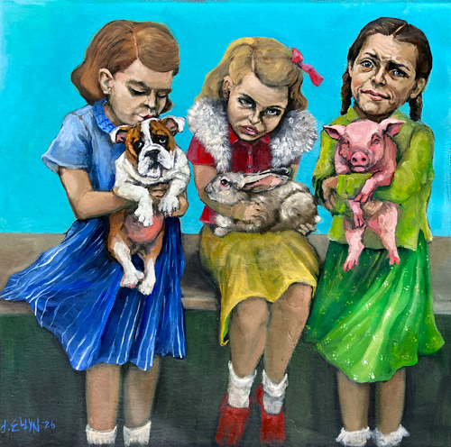 Playing Favorites, oil painting by Dana Ellyn, three girls holding a bulldog, a rabbit, and a piglet, 15x15 inches