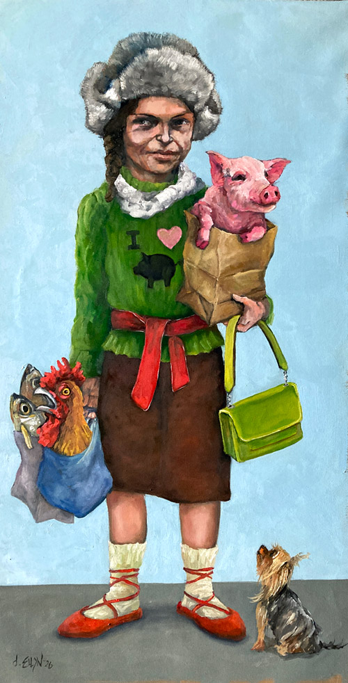 Selective Compassion, oil painting by Dana Ellyn, girl carrying a piglet, chicken and fish in shopping bags, 15x30 inches