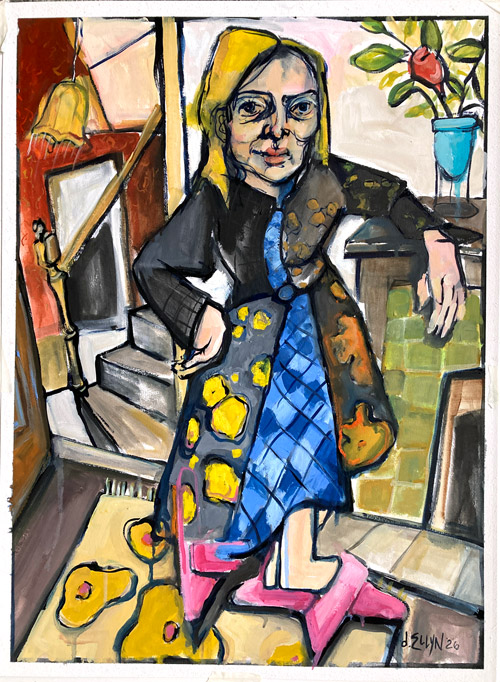 Sunday, oil on paper by Dana Ellyn. Woman in a blue dress and pink shoes standing at the foot of a staircase. 23 x 31 inches.
