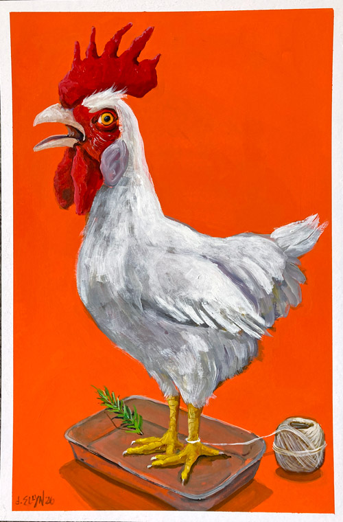 Trussed, acrylic painting by Dana Ellyn, white chicken in a roasting pan with one leg tied to kitchen twine, 12x18