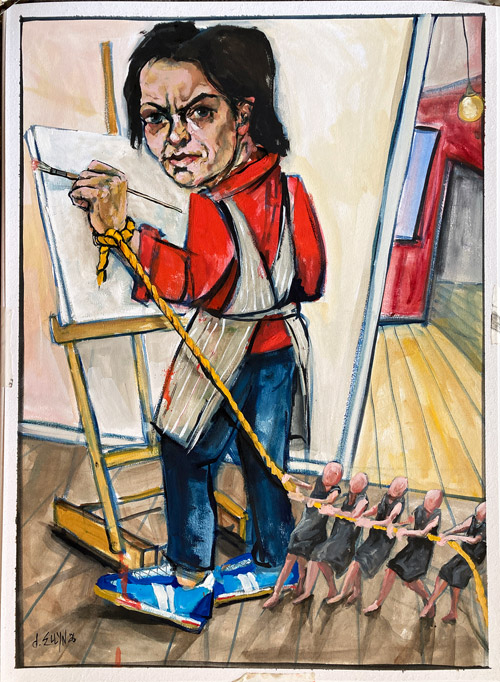 Tug of War, oil painting by Dana Ellyn, painter at easel tethered by rope to anonymous figures pulling against her, 23x31 inches