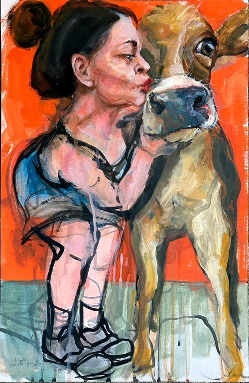Child leans tenderly into a young calf in quiet connection against vivid red-orange background, acrylic on mat board.