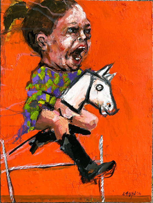 Full Gallop, acrylic/oil painting by Dana Ellyn, child riding a hobby horse over a jump, 12x16 inches