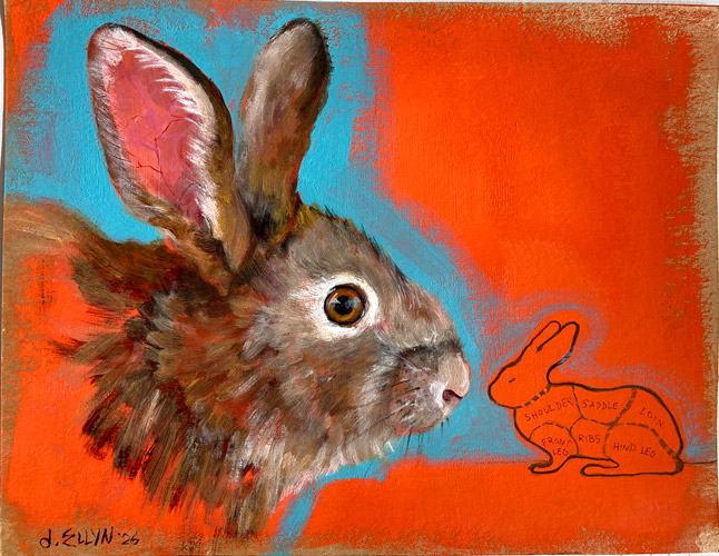 Hare Today, Gone Tomorrow, acrylic on cardboard by Dana Ellyn; rabbit beside a labeled cuts diagram, 11x8.5in
