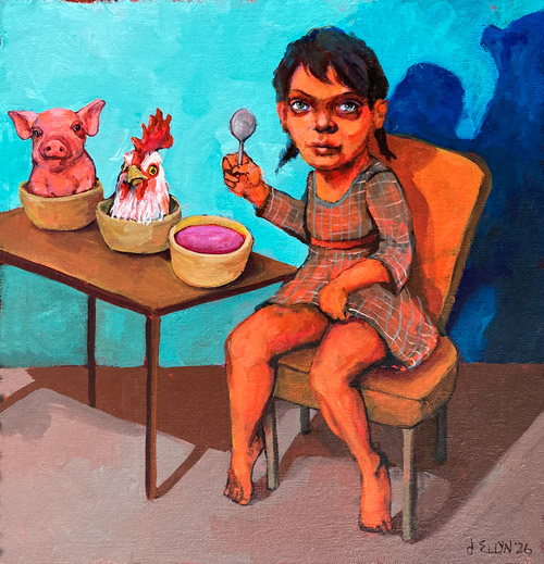 Just Right, acrylic painting by Dana Ellyn, girl at a table with a live piglet, a live rooster, and a bowl of soup, 15x15 in