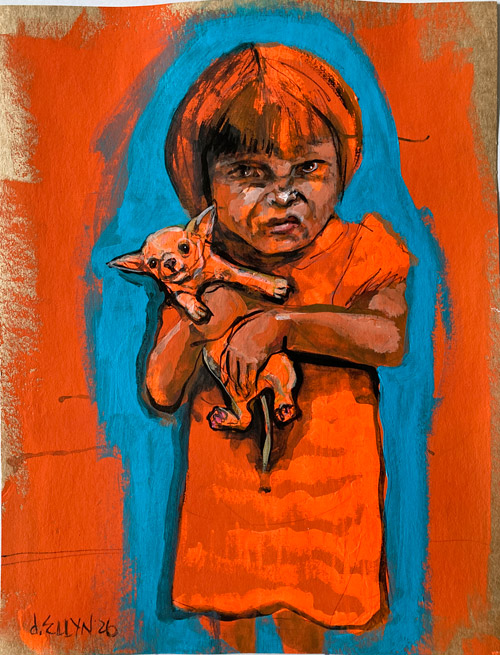 Mine (1), acrylic painting by Dana Ellyn, a wary child clutching a small dog protectively against an orange background, 8.5x11