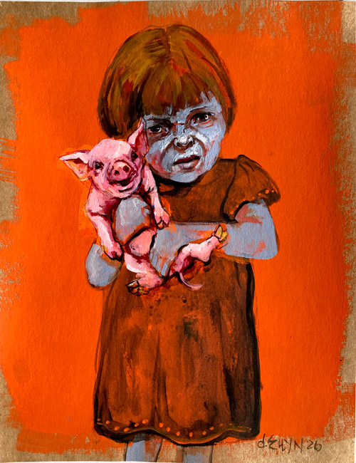 Mine (2), acrylic painting by Dana Ellyn, a wary child clutching a small pig protectively against an orange background, 8.5x11