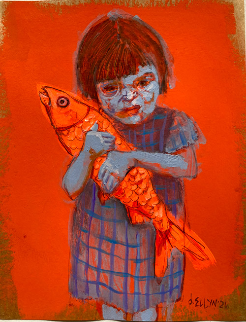 Mine (3), acrylic painting by Dana Ellyn, a wary child clutching a fish protectively against an orange background, 8.5x11