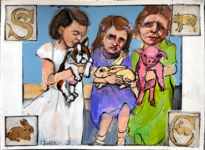 Playing Favorites, Illuminated, acrylic/gold leaf by Dana Ellyn; girls holding a puppy, rabbit, and piglet, 15x11in