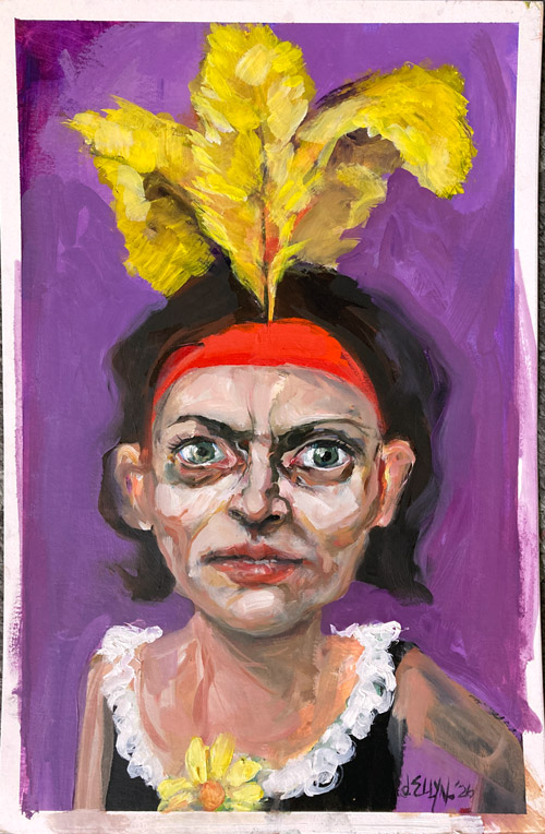 The Show Must Go On, oil painting by Dana Ellyn — showgirl in yellow feather headdress, 12x18 in