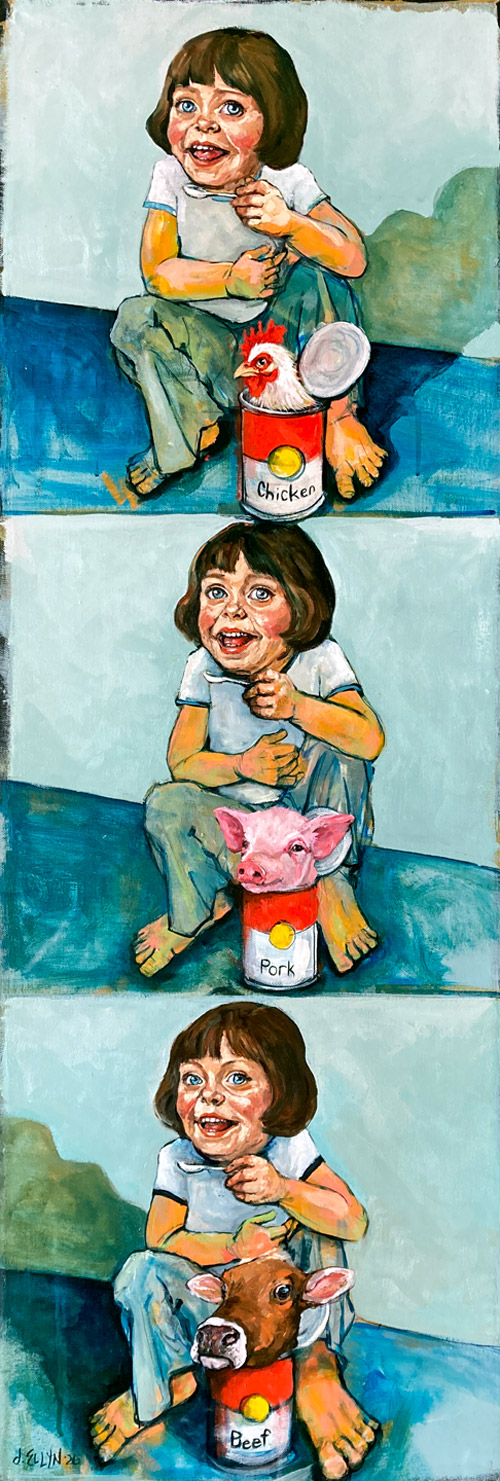 Soup's On, oil painting by Dana Ellyn, child spooning three soup cans labeled Chicken, Pork, Beef holding a live rooster, piglet and calf, 15x45