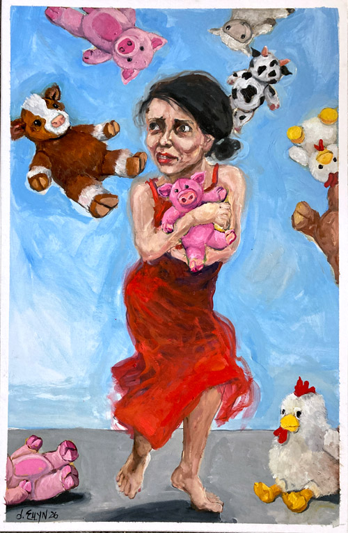 Frightened woman in a red dress clutching a stuffed pig while stuffed pigs, cows and chickens fall and scatter around her, oil painting by Dana Ellyn