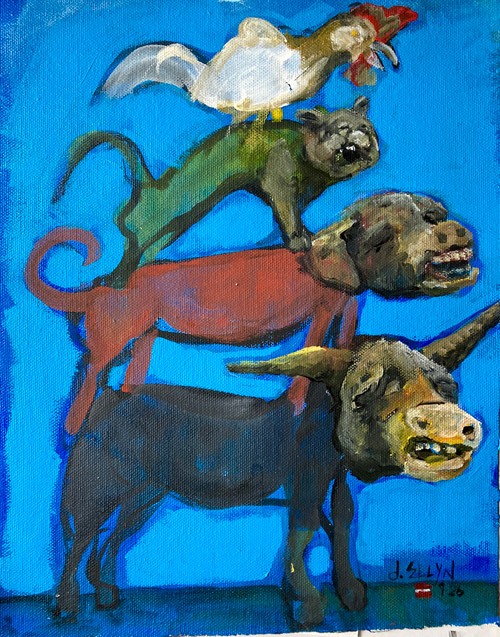 Bremen Town Musicians, acrylic painting by Dana Ellyn, a rooster, cat, dog, and donkey stacked against a blue background, 8.5x11 inches
