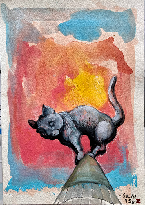 Cat House, acrylic painting by Dana Ellyn, a gray cat perched atop a rooftop peak against a sunset sky, 6x9 inches