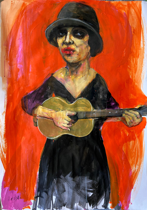 Encore, acrylic painting by Dana Ellyn, woman playing guitar against a red background, 28x40 inches