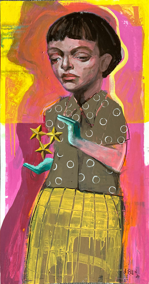 Entrusted, acrylic painting by Dana Ellyn, girl holding three small stars in an open hand, 17x32 inches