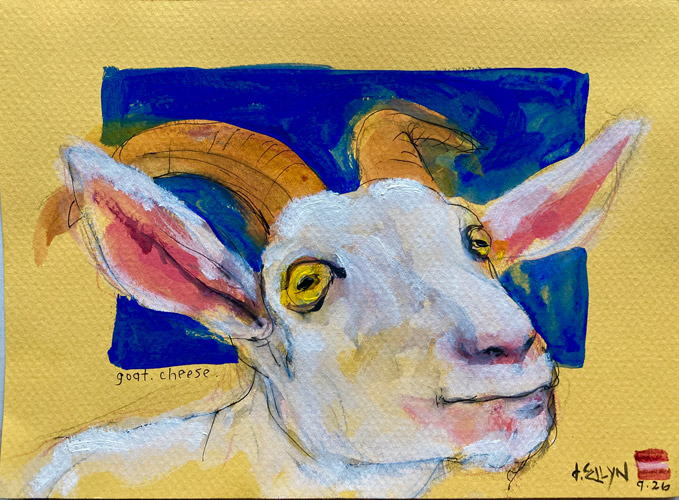 Goat. Cheese., acrylic painting by Dana Ellyn, close-up of a goat's head with curved horns against a blue background, 6x8 inches