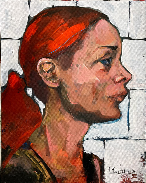 Katrina, acrylic painting by Dana Ellyn, profile portrait of a woman with red hair against a white brick-patterned background, 8x10 inches