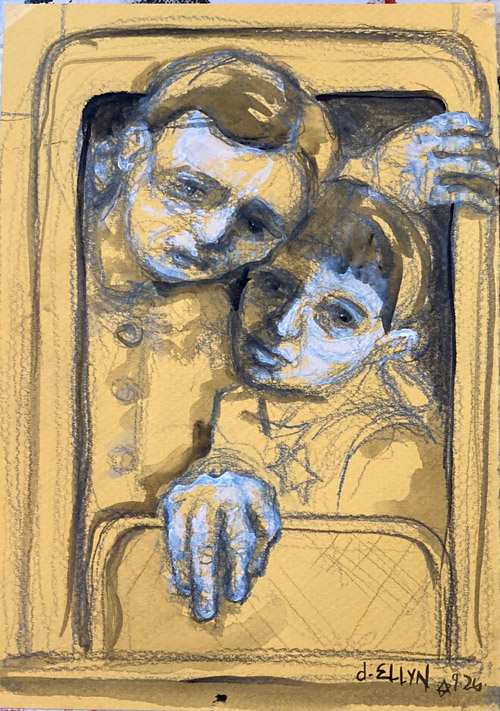 One Way Ticket (#2), acrylic painting by Dana Ellyn, two faces peering through a window frame in sepia and yellow tones, 6x8 inches
