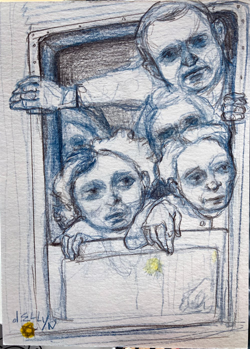 One Way Ticket (#1), pencil drawing by Dana Ellyn, two faces peering through a window frame with hands gripping the bars, 5x6.5 inches
